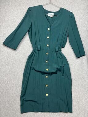 Vintage Peri Button Up Midi Dress Womens Petites 12 Gold Button Green Minimalist
